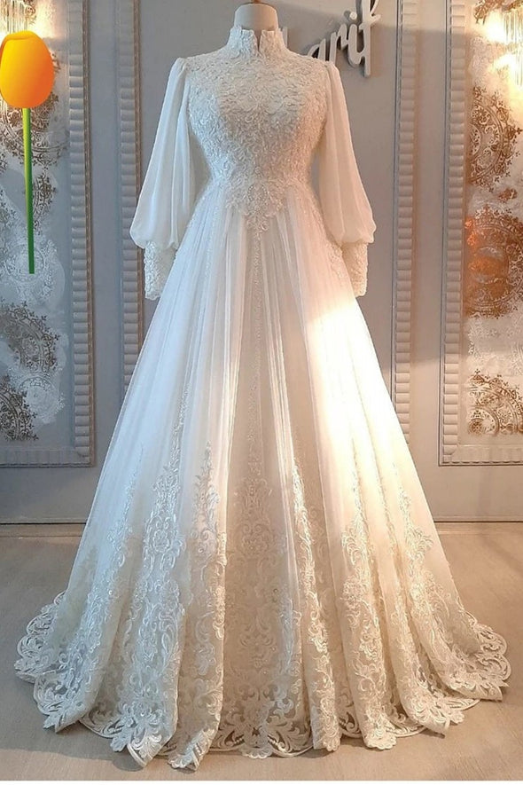 Chiffon Lace Appliques Long Sleeves Muslim Wedding Dresses