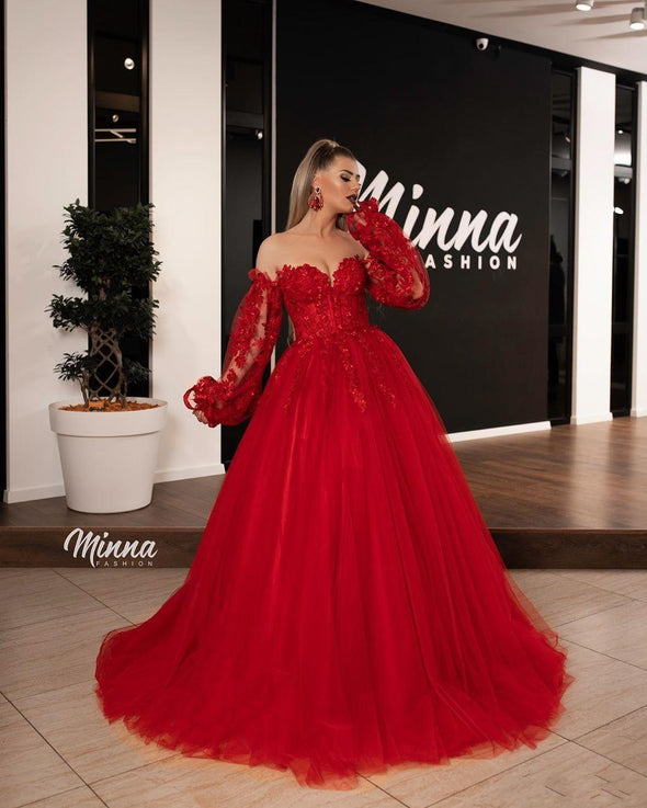 Red Long Sleeves Lace Prom Dress Ball Gown Party Dress