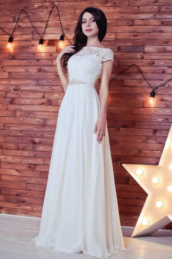 Bohemian A Line Short Sleeves Lace Chiffon Wedding Dress
