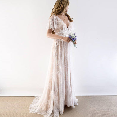 Boho Wedding Dress 2020 V Neck Cap Sleeve Lace Beach Wedding Gown