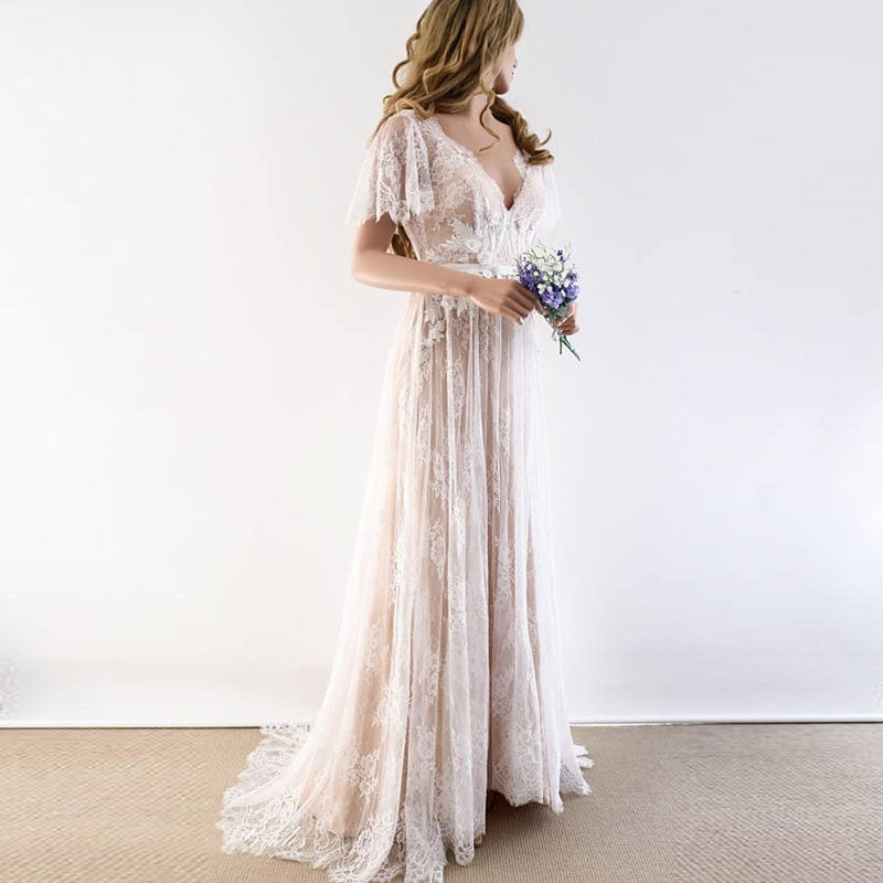 Boho Wedding Dress 2020 V Neck Cap Sleeve Lace Beach Wedding Gown TANYA BRIDAL Boho Wedding Dress 2020 V Neck Cap Sleeve Lace Beach Wedding Gown TANYA BRIDAL
