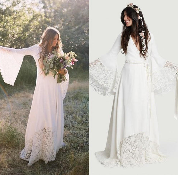 Chic Bohemian Long Bell Sleeve Lace Flower Beach Wedding Dresses
