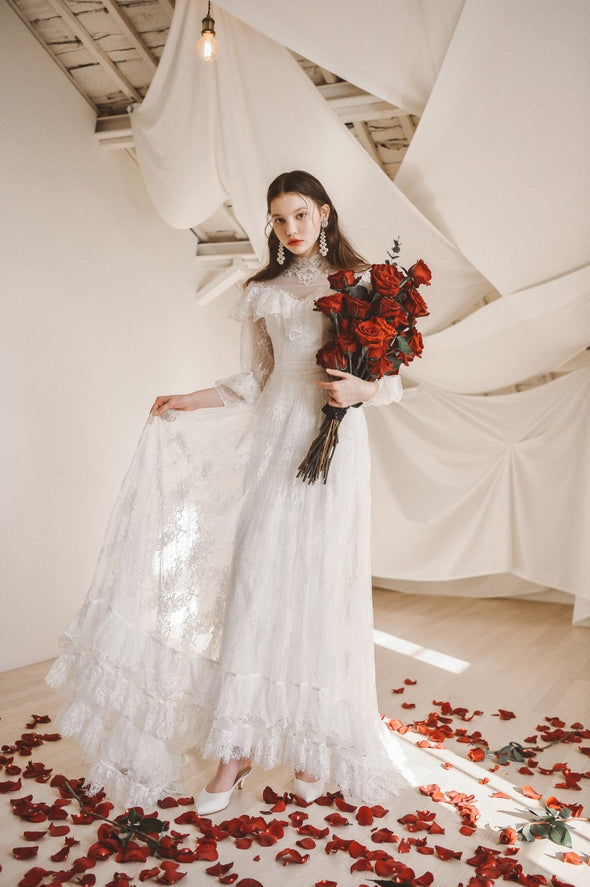 Outstanding Lace Wedding Dresses Puff Long Sleeve ZW090