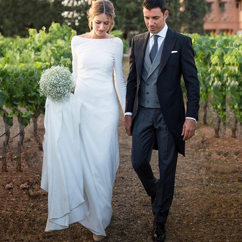 Sheath Wedding Dress Long Sleeve Boat Neckline Backless Buttons Beach TANYA BRIDAL Sheath Wedding Dress Long Sleeve Boat Neckline Backless Buttons Beach TANYA BRIDAL