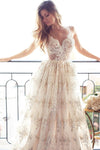 Backless Long A-Line Spaghetti Straps Lace Bridal Dress