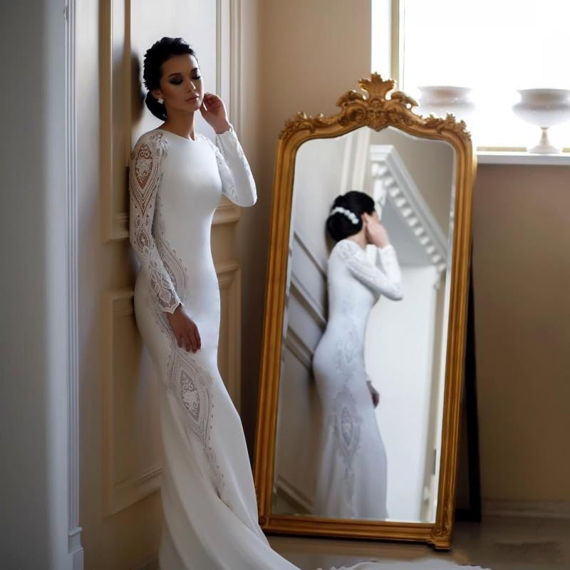 Modest Mermaid Wedding Dresses Lace Appliqued – TANYA BRIDAL Modest Mermaid Wedding Dresses Lace Appliqued – TANYA BRIDAL