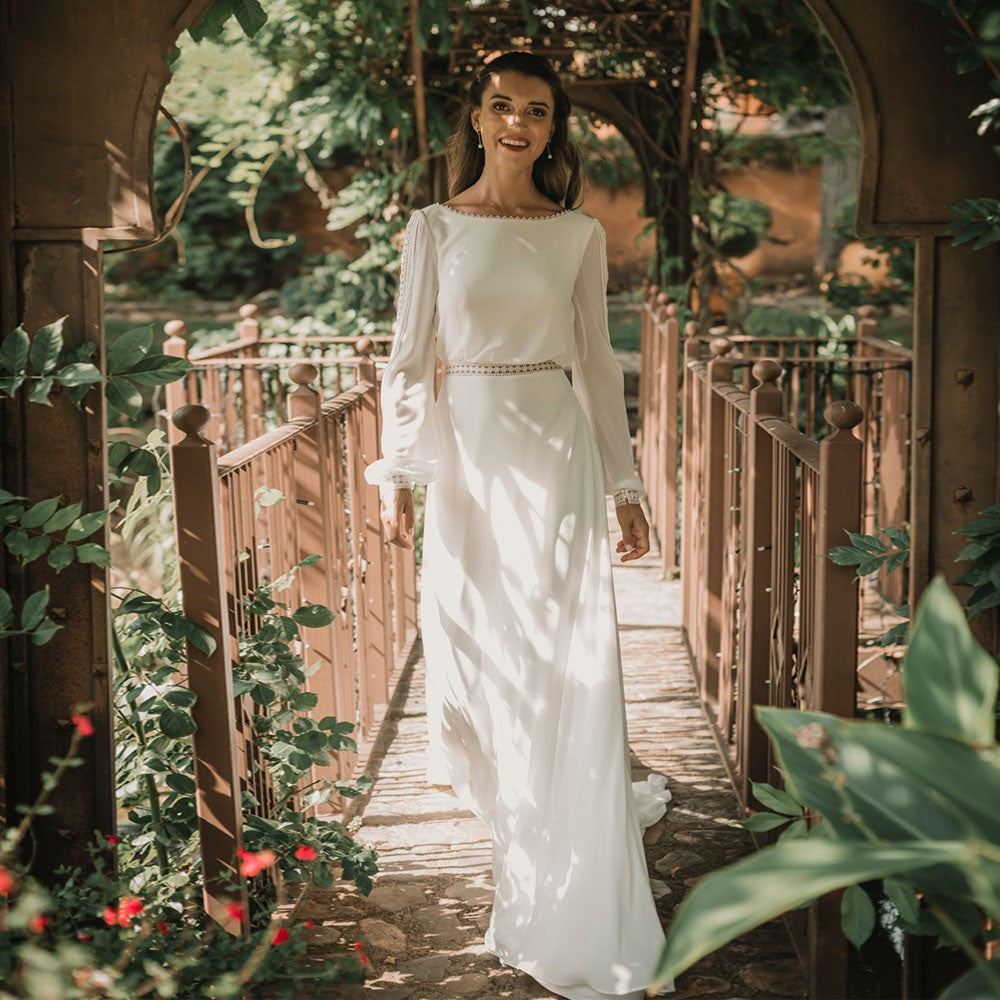 Long Sleeve Backless Wedding Dresses Chiffon Lace Edge Elegant Bridal TANYA BRIDAL Long Sleeve Backless Wedding Dresses Chiffon Lace Edge Elegant Bridal TANYA BRIDAL