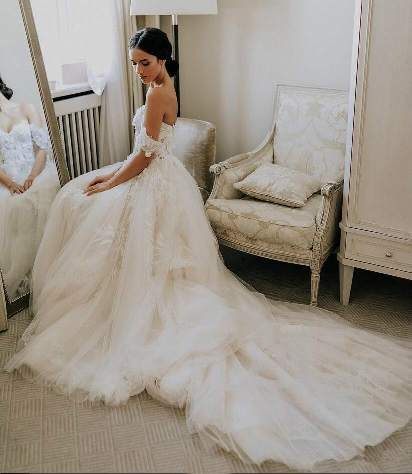Princess Ivory Wedding Dress Off Shoulder A Line Court Train TANYA BRIDAL Princess Ivory Wedding Dress Off Shoulder A Line Court Train TANYA BRIDAL