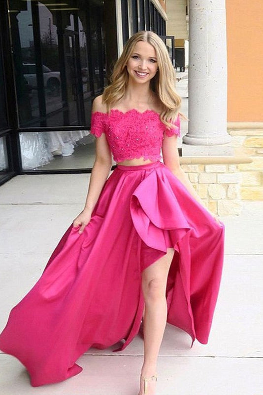 Two Pieces Fuchsia Long Prom Dresses With Lace Appliques