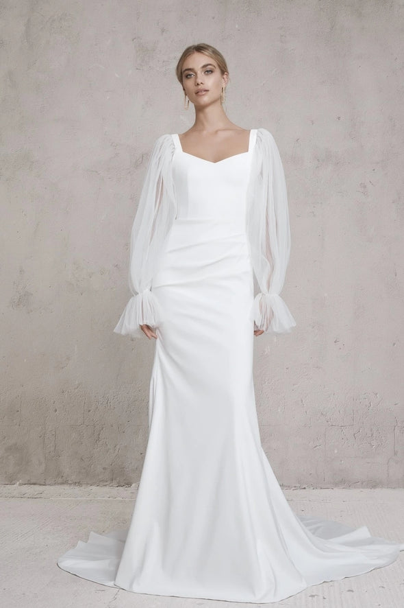 Contemporary Soft Satin Wedding Dresses With Detachable Plisse Sleeves DW700