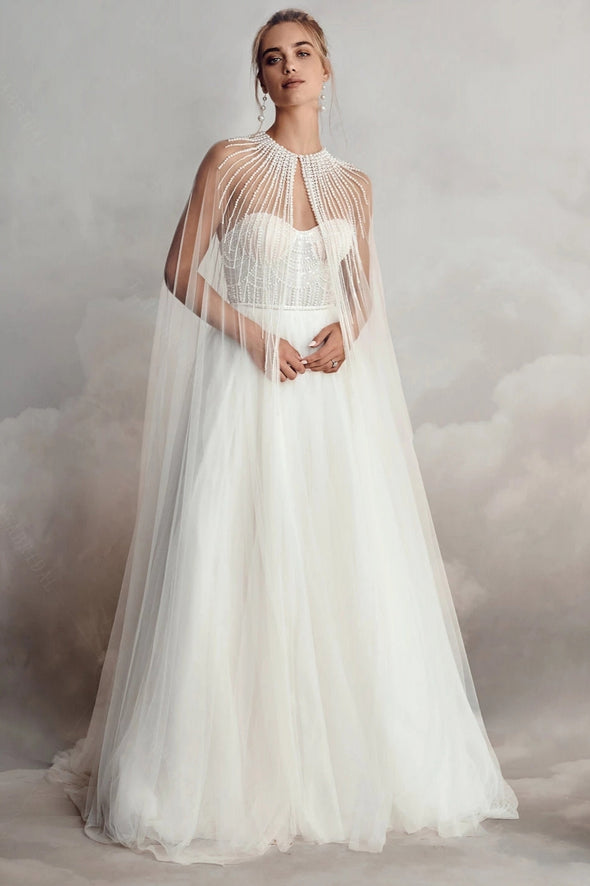 Rows Of Elegant Pearls Adorn The Fine Tulle Stardust Cape DJ177