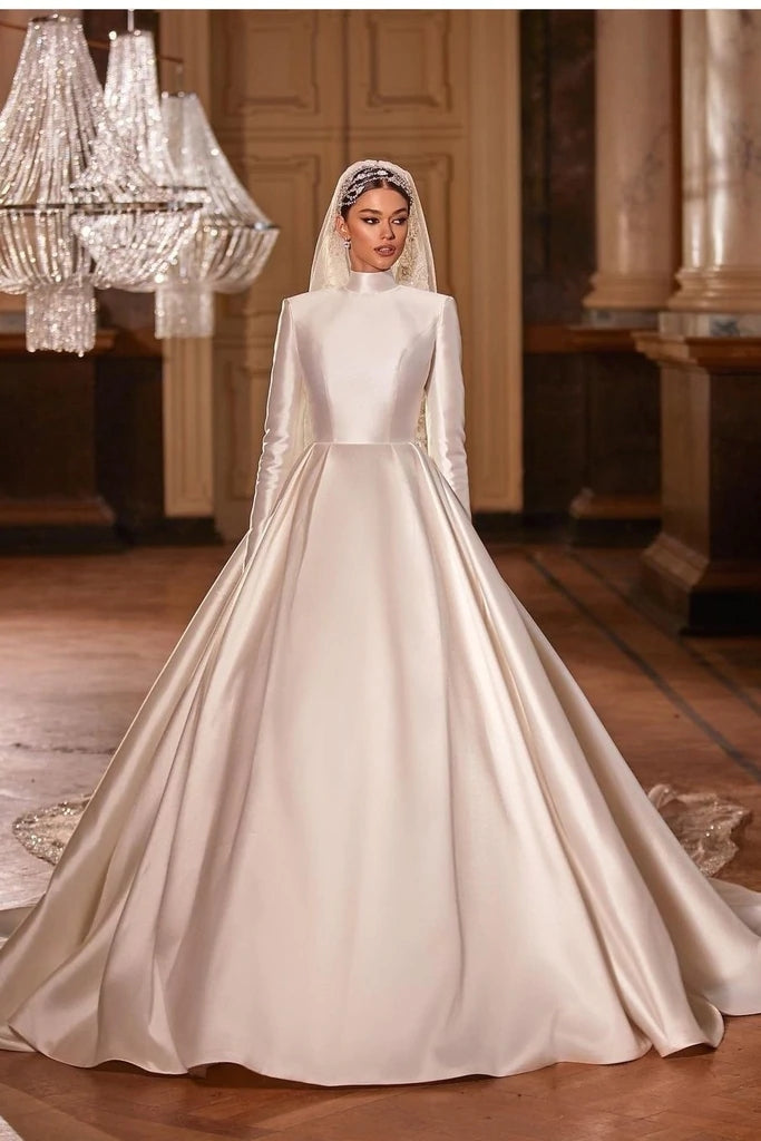 Long Sleeves Satin High Collar Ball Gown Arabic Islamic Wedding Dress