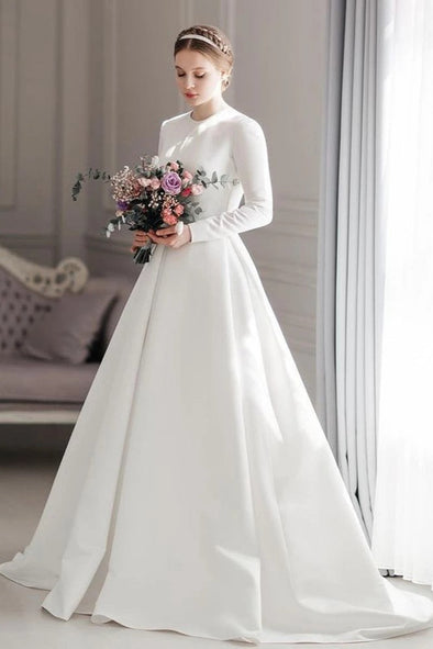 O Neck A-Line  Long Sleeve Ivory Wedding Dress Zipper Back
