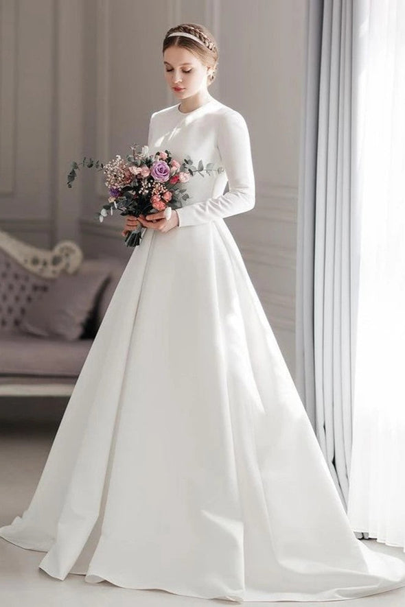 O Neck A-Line  Long Sleeve Ivory Wedding Dress Zipper Back