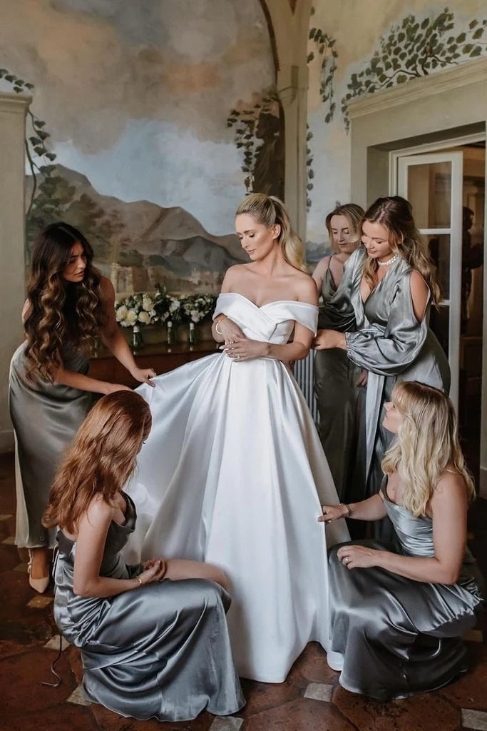Off The Shoulder A Line Satin Modest Wedding Dress TANYA BRIDAL Off The Shoulder A Line Satin Modest Wedding Dress TANYA BRIDAL
