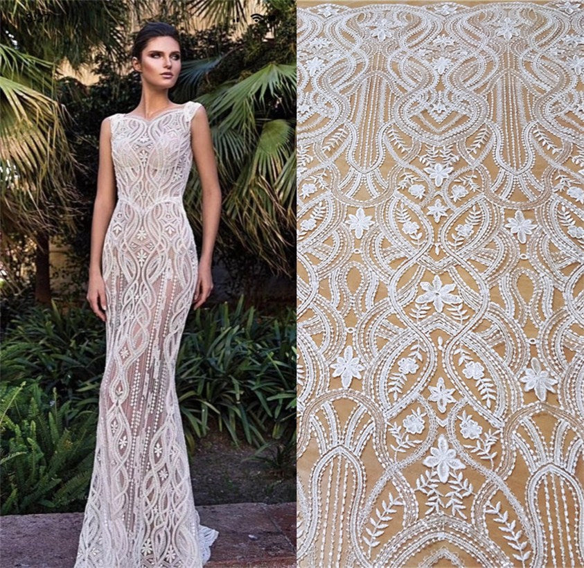 lace material for wedding dress Flower Bridal Lace Fabric With Beads and Sequins, Off-white or Ice Gold