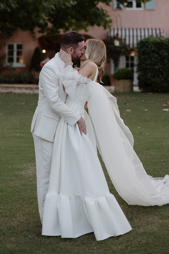 Simple Satin Long A Line Wedding Dresses With Organza Sashes