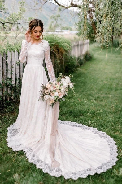 A Line Garden Lace Wedding Dress Long Sleeves Court Train