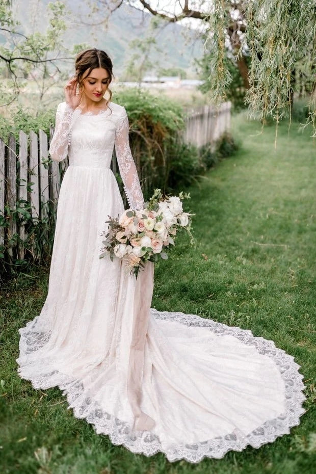 A Line Garden Lace Wedding Dress Long Sleeves Court Train - A Line Garden Lace Wedding Dress Long Sleeves Court Train -
