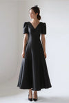 Short Sleeve Black Satin Wedding Dresses V-Neck DW704