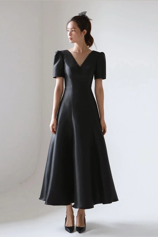 Short Sleeve Black Satin Wedding Dresses V-Neck DW704 – TANYA BRIDAL