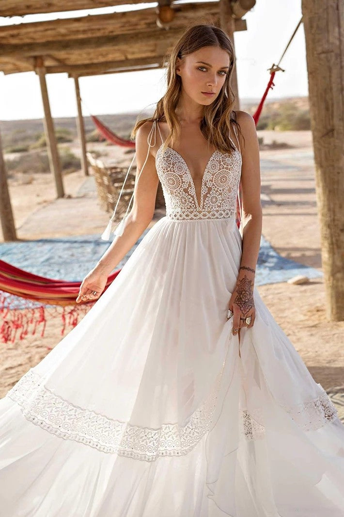 Lace Bohemian Wedding Dress Backless Sweep Train Robe De Marie TANYA BRIDAL Lace Bohemian Wedding Dress Backless Sweep Train Robe De Marie TANYA BRIDAL