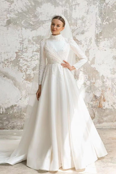 O Neck Full Sleeves Beads Muslim Wedding Dress Arabic Gown