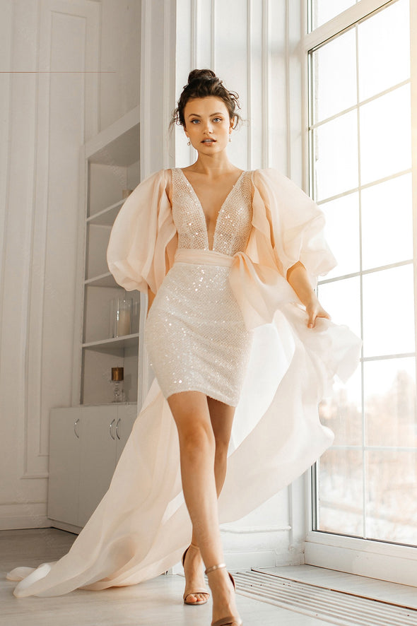 Blush Pink Sleeved Wedding Cape Puff Sleeves DJ154