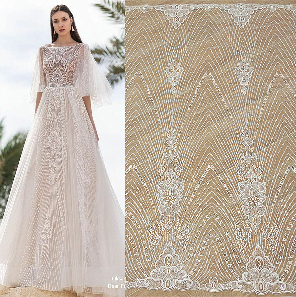 Stripes Radiation Sequins Lace Fabric Cloth Wedding Dress DIY Producti TANYA BRIDAL Stripes Radiation Sequins Lace Fabric Cloth Wedding Dress DIY Producti TANYA BRIDAL