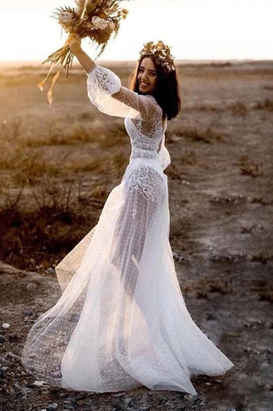 Long Illusion Sleeves Dot Tulle Lace Beach V Neck Wedding Dresses