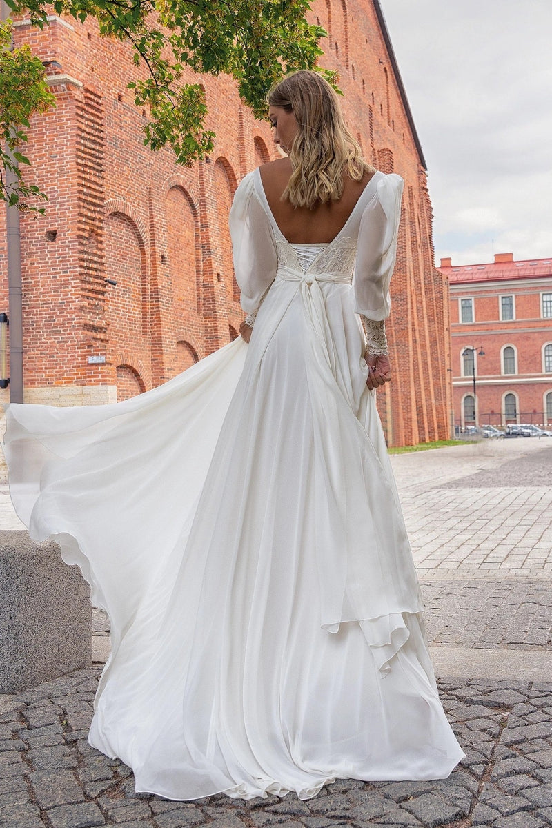 パーティードレス Tanya Long Sleeve Lace Dress Long Lantern Sleeve Wedding Dresses Simple ZW733 – TANYA BRIDAL