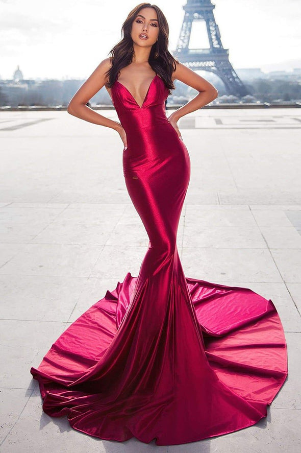 Burgundy V Neck Mermaid Evening Dress Long