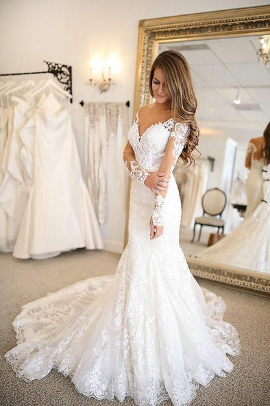 Elegant Illusion Sleeves Lace Mermaid Wedding Dress