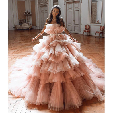 Gorgeous Ball Gown Tiered Tulle Prom Dress Blush Pink