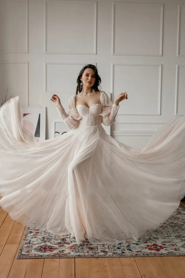 A Line Tulle Sweetheart Bohemian Puffy Sleeves Wedding Bridal Gown