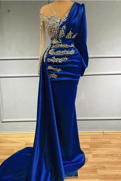 Royal Blue Satin Beads Long Sleeve Evening Dresses