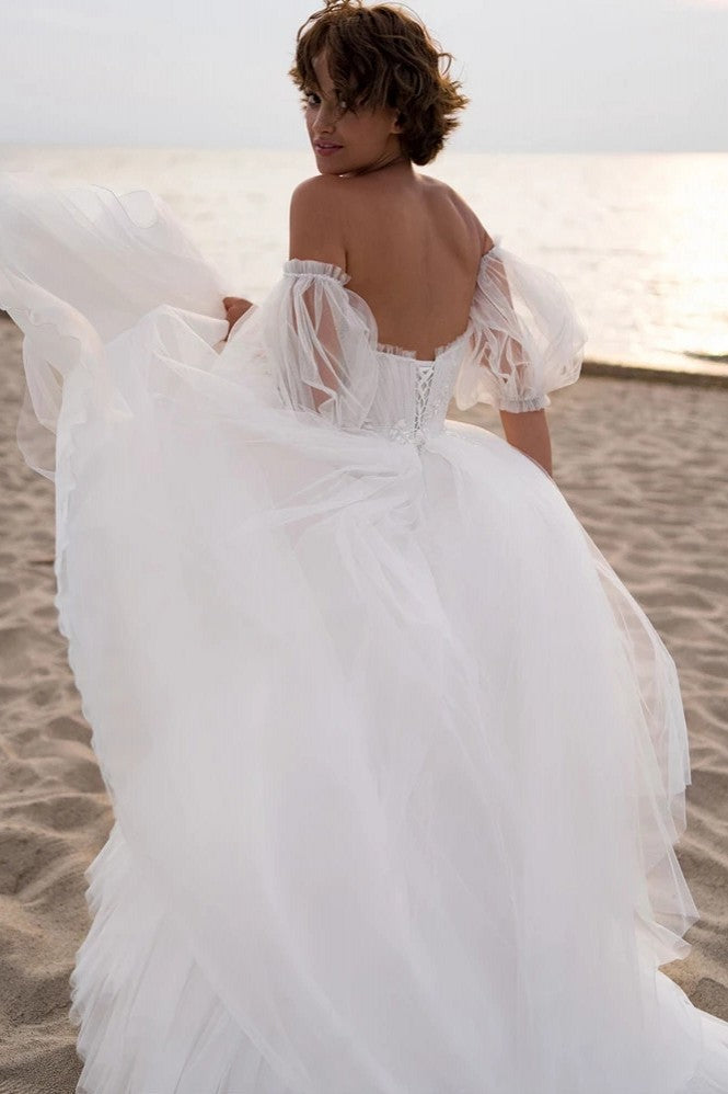A Line Tulle High Low Beach Wedding Dress With Detachable Sleeves TANYA BRIDAL A Line Tulle High Low Beach Wedding Dress With Detachable Sleeves TANYA BRIDAL