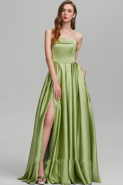 Sage Green Long A Line Evening Dress Prom Gown With Slit