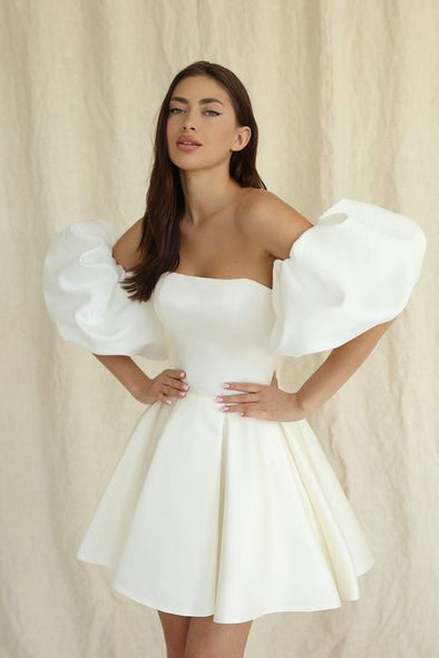 Short Puffy Sleeves Lace Up Back Satin Mini Wedding Gown