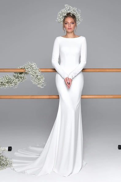 Simple White Full Sleeve Scoop Mermaid Wedding Dresses