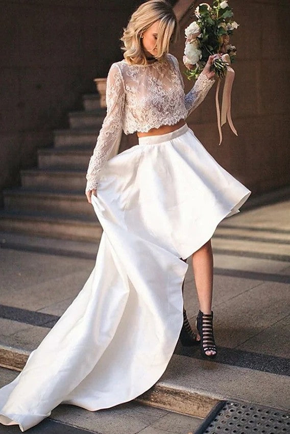 Two Pieces Lace Top A Line Satin Wedding Gown Fashion High Low Bridal TANYA BRIDAL Two Pieces Lace Top A Line Satin Wedding Gown Fashion High Low Bridal TANYA BRIDAL