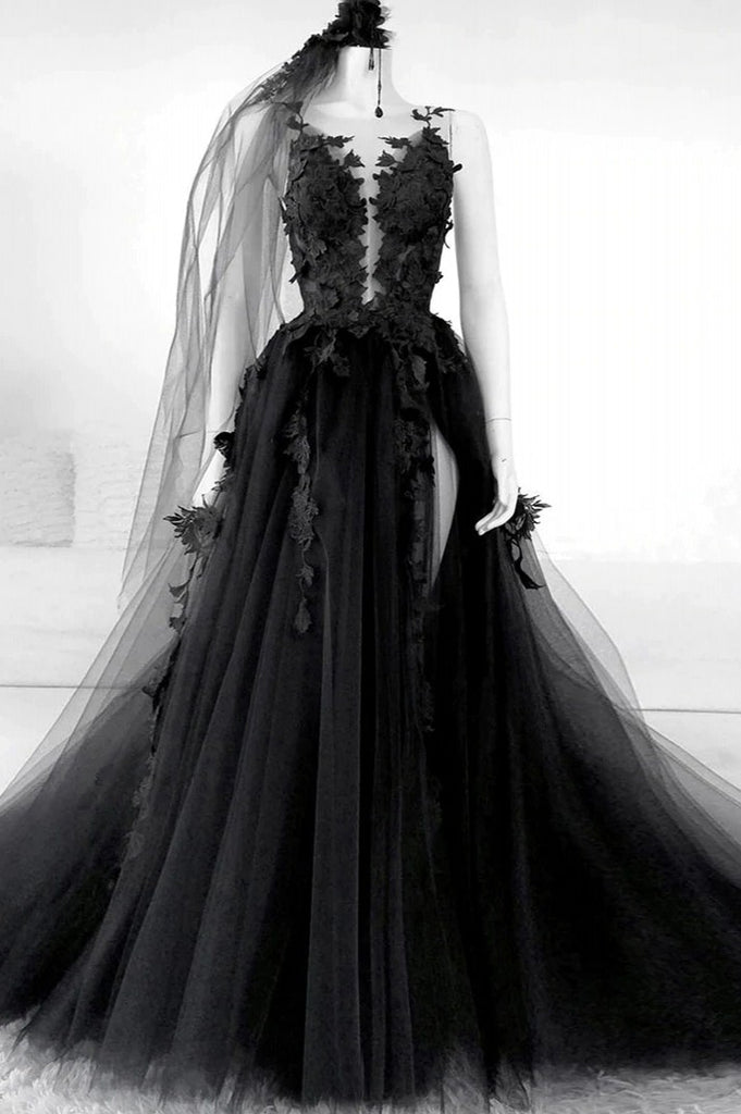 black tulle prom dress Shiny V Neck Open Back Long Dresses with High Slit, Sparkly Black Tulle Formal Graduation Evening Dresses fg3076 Black V Neck Tulle Long Prom Dress Black Tulle V-neckline Lace Applique