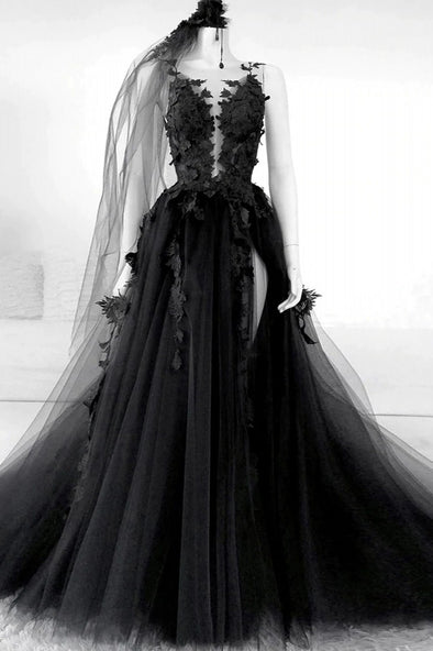 Tulle Round Black Long Prom Dresses, Appliqued Backless Evening Dress