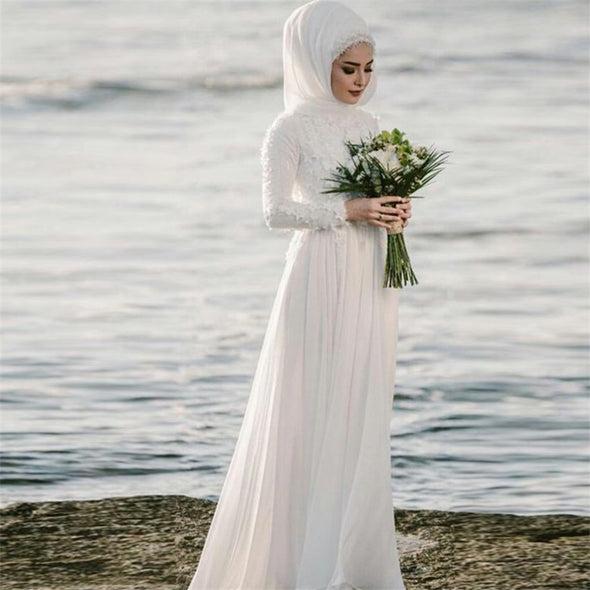 Long Sleeve Muslim Wedding Dress with Hijab Dress Sweeping Train TBW24