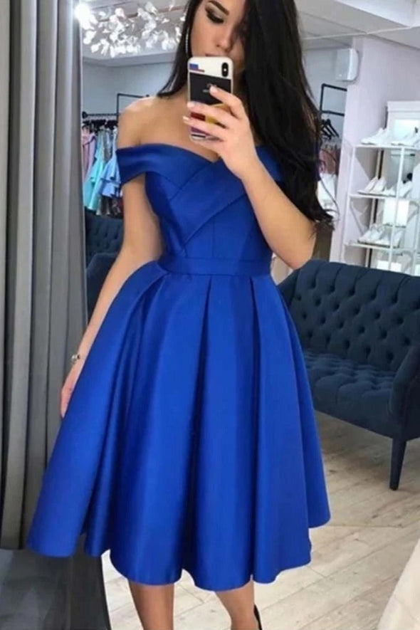 Royal Blue Satin Knee Length Off Shoulder Cocktail Dress