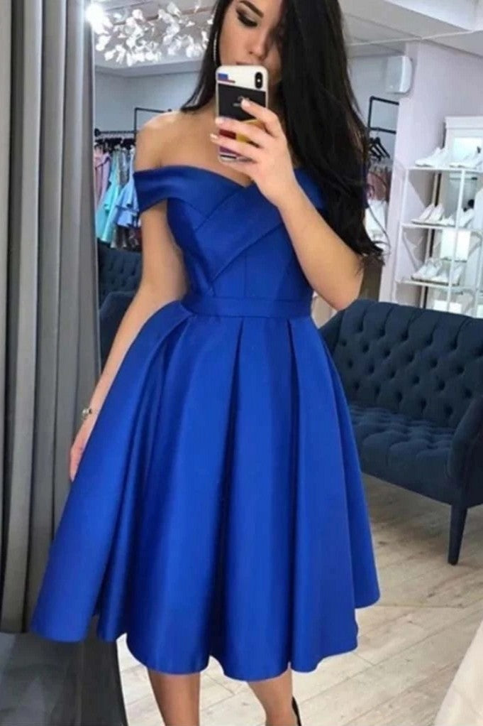 Royal Blue Satin Knee Length Off Shoulder Cocktail Dress - Royal Blue Satin Knee Length Off Shoulder Cocktail Dress -