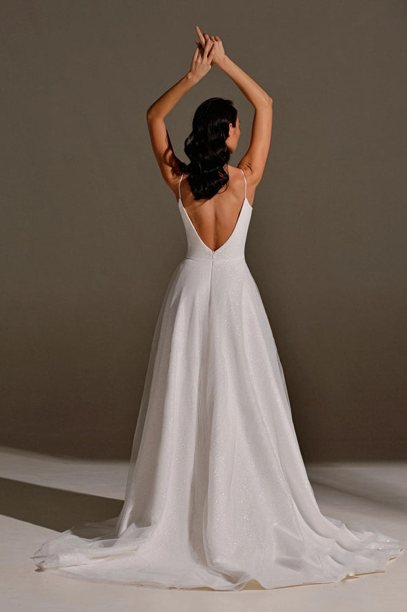 Glitter Sparkly Wedding Dresses V-Neck Spaghetti Boho Noivas Chic ZW856