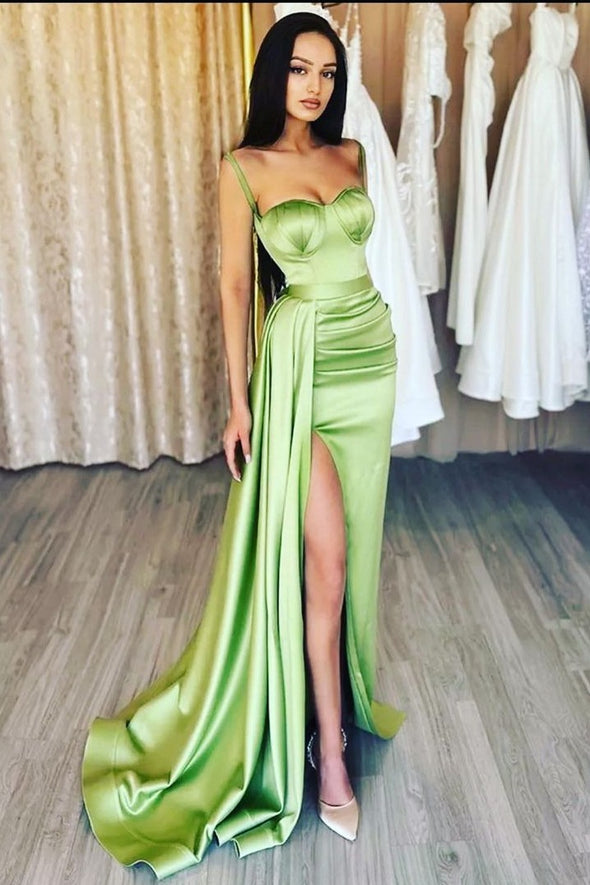 Fruit Green Satin Long Prom Dresses High Split`