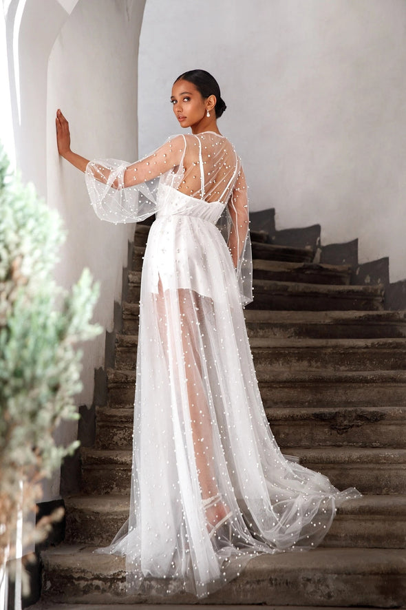 Long Sleeve Pearls Wedding Outfit Jacket Sheer Robe Bridal Coat