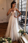 Lace Flowers A Line Tulle Wedding Dresses Nude Lining